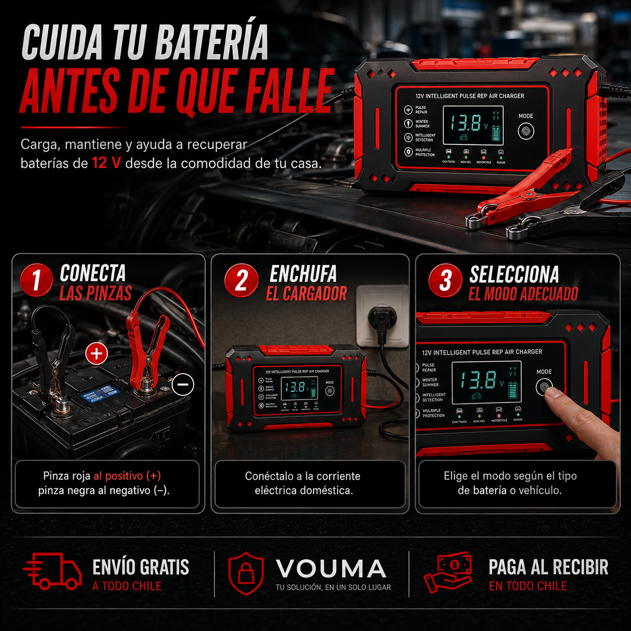 VoltRescue 12V™ – Cargador Inteligente y Mantenedor de Baterías